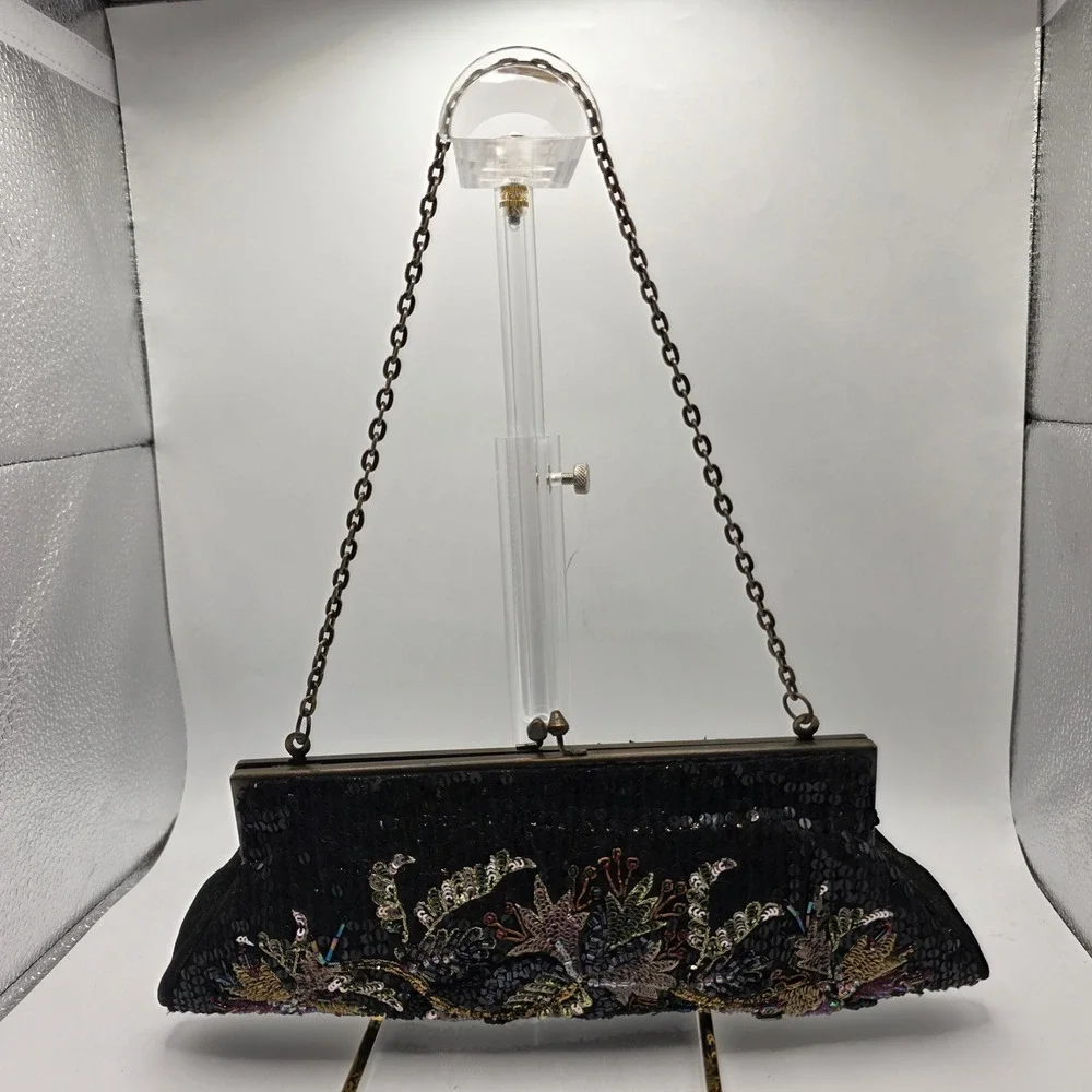Vintage Style Black Sequin Floral Beaded Kiss Lock Evening Clutch Shoulder Bag